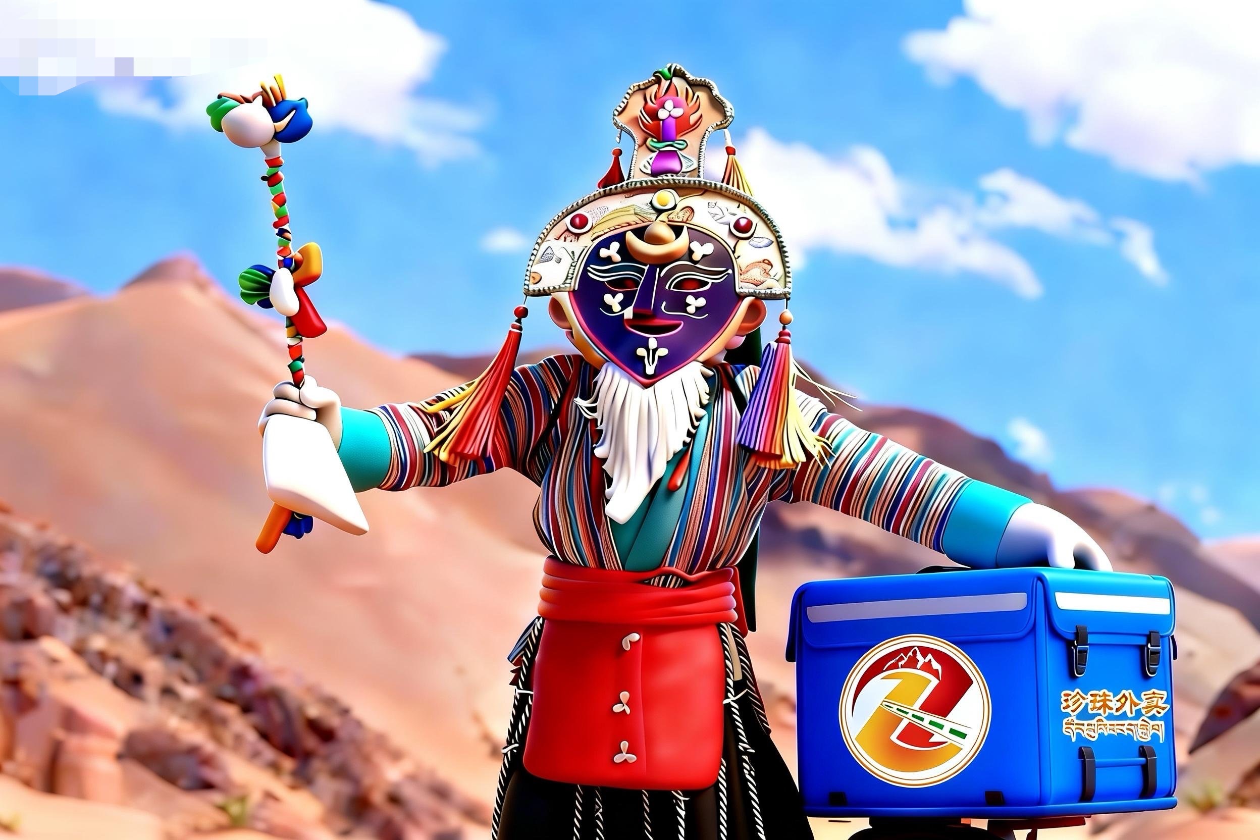 西藏高原城市街道上的外卖骑手正在配送场景，身穿防寒服装的骑手骑着电动车，背景是雪山和现代化建筑，高原特色明显，温暖阳光照射